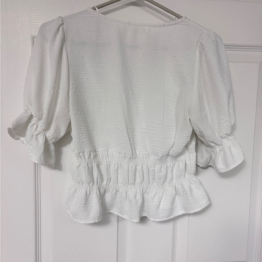 White Button-Front Ruffle Peplum Blouse - Picture 3 of 3